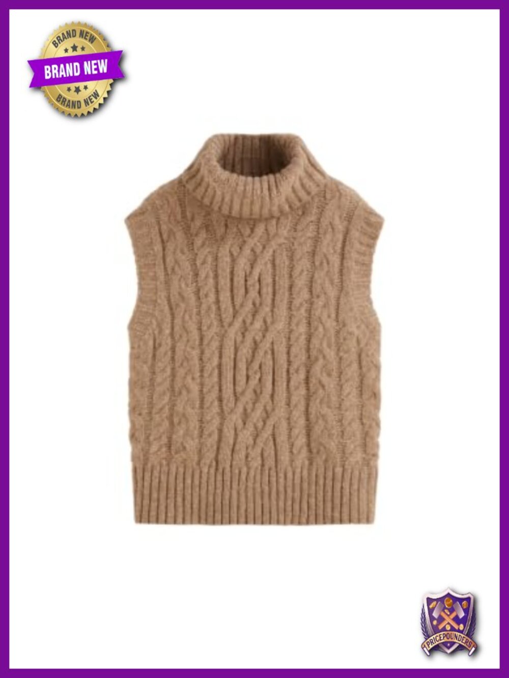 Oversized Turtleneck Sweater Vest Wool Blend Cable Knit Sleeveless Top